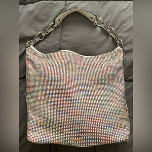 Dana Buchman multicolored woven handbag , white faux leather strap